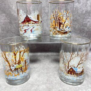 4 Vintage Arctic Circle Winter Scene Glass Flat Tumblers Gold Rim